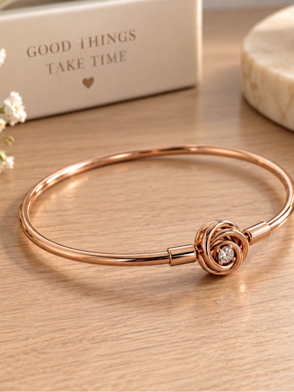 Pandora Rose Gold Knot Bangle with Center Crystal Accent